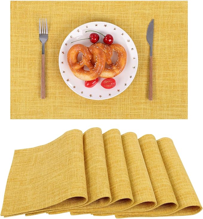 SHACOS Washable Cloth Placemats Set of 6 Fabric Place Mats Non Slip Double Layered Thick Faux Linen Placemat Reversible Table Mats Home Wedding Table Decor, Yellow