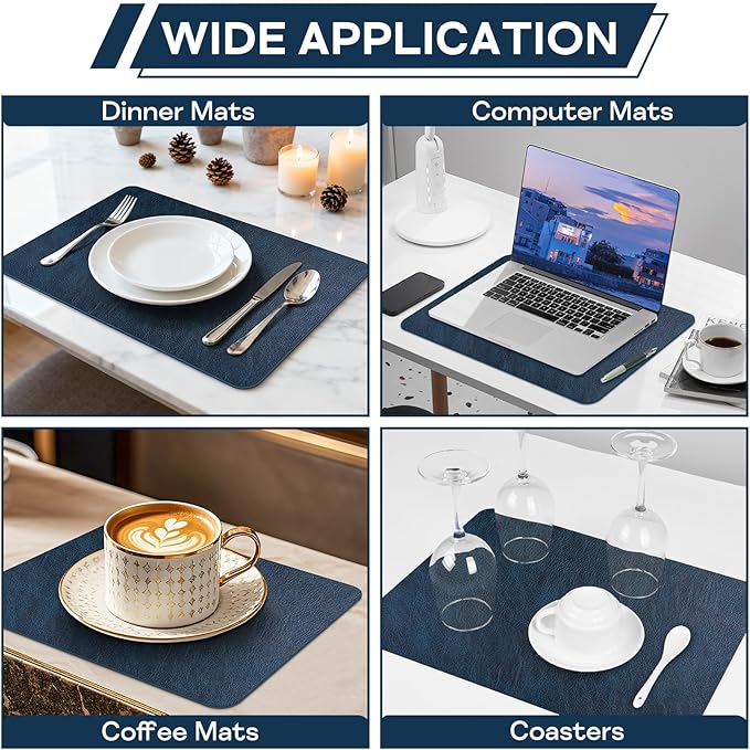 Faux Leather Placemats Set of 6, Washable Place Mats, Wipeable Waterproof Oil-Proof Heat Resistant Table Mats, Vinyl Placemats Rectangular Place Mat for Table Indoor Outdoor (Navy Blue)