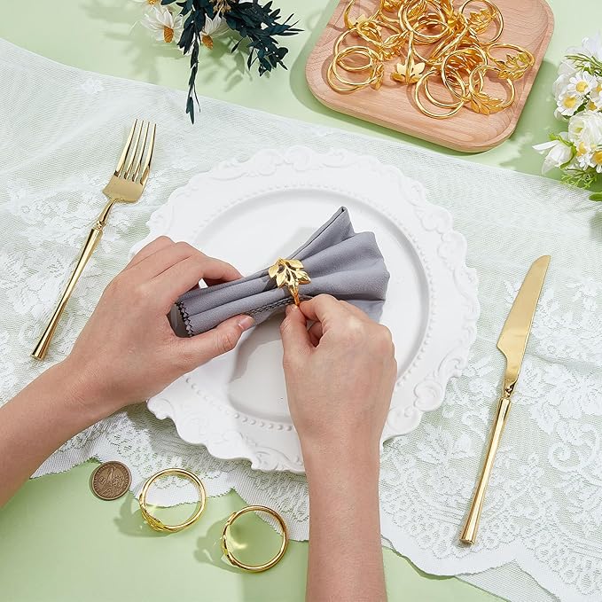 Peacoblue 60Pcs Gold Leaf Rings Holders Modern Stainless Steel Napkin Ring Holders for Table Decor Settings, Vintage Napkin Ring for Wedding Christmas Thanksgiving Day Party