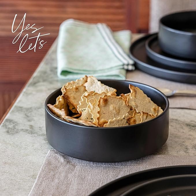 over&back Stackable Cereal Bowl Set - Stoneware Dishes - Comes with 4 Cereal Bowls - Easy-to-Stack Breakfast Place Settings - 6.2" x 6.2" x 2.2" - 25oz - Semi-Matte Black