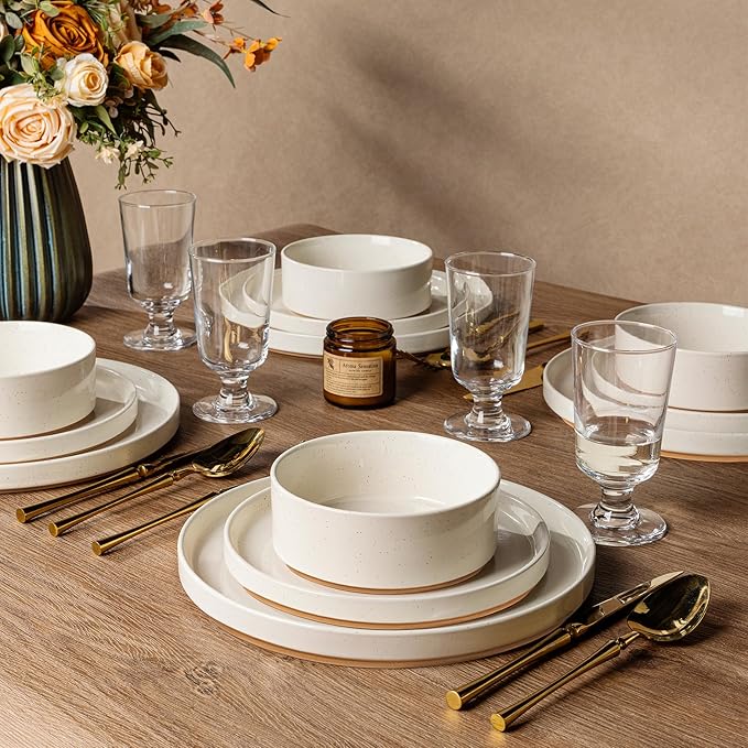AmorArc Ceramic Dinnerware Set for 8 | Speckled Stoneware Plates and Bowls with Rustic Terracotta Underside| Scratch Resistant,Dishwasher & Microwave Safe Dishes Sets- 24pcs