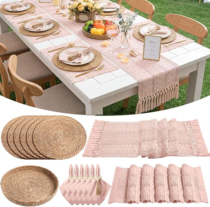 6 Sets Boho Decoration Placemats Round Woven Placemats, Cloth Napkins, Wood by Gandeer