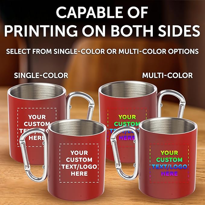 Custom Stainless Steel Mugs with Carabiner Handle 10 oz. Set of 10, Personalized Bulk Pack - Perfect for Coffee, Soda, Other Hot & Cold Beverages - Red