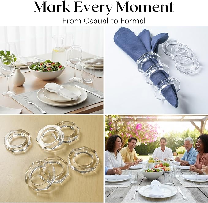 ALPHA Living HOME Acrylic Napkin Rings Set of 12 - Crystal Decorative Serviette Holders Ideal Décor for Weddings, Family Gatherings, Formal Dinners, Banquets & Everyday Dining (Transparent)