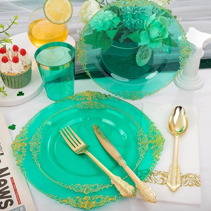 175 Pcs Clear Green Plates for Party | Elegant Disposable Dinnerware for 25 - Image 6