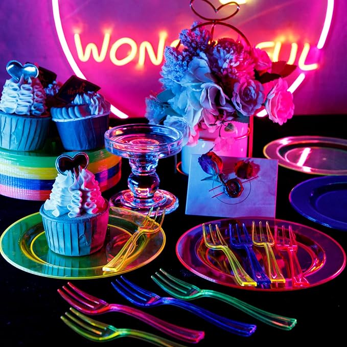 supernal 200pcs Appetizers Plates includ 100pcs Plastic Forks 100pcs Neon Party Plates Colorful Rainbow Disposable Party Plate and Dispsoable Forks Set for Party Catering Birthday