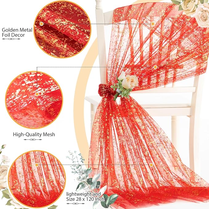 SiinvdaBZX 4 Pcs Red Gold Sheer Tulle Table Runner 120 Inch/10 Ft Long | Gauze - Image 4