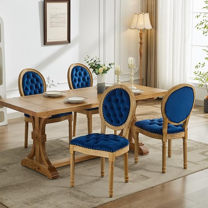 Vintage French Dining Chairs Set of 2, Round Back Velvet Upholstered Accent Chairs with Nailhead Trim and Solid Wood Frame, Elegant Sillas de Comedor for Dining Room & Kitchen, Blue