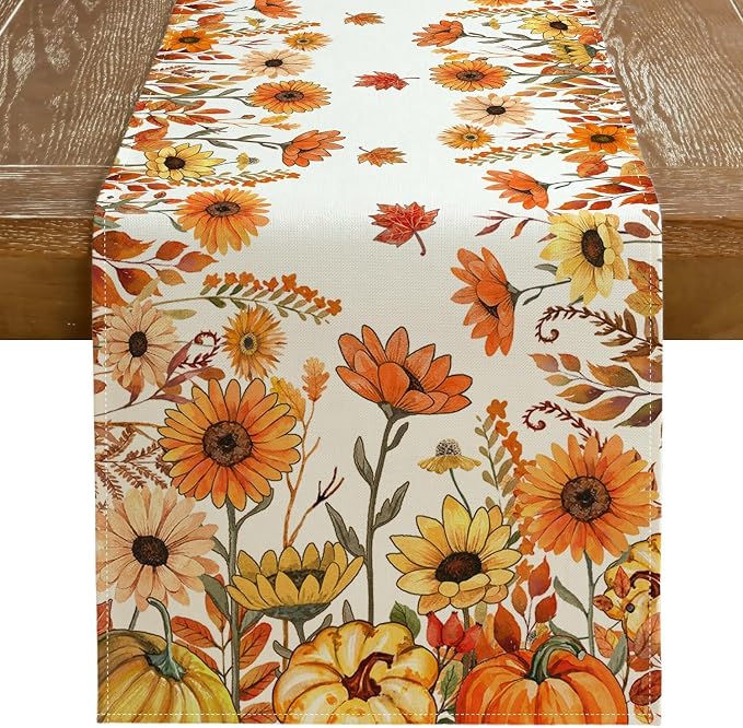 Fall Pumpkins and Sunflowers Table Runner 13x72 Inch, Maple Leaves Farmhouse by GEEORY