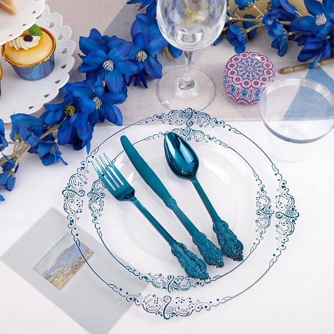 175 Pcs Clear Blue Plates for Graduation | Blue Party Plates Set for 25 Guests - Image 7