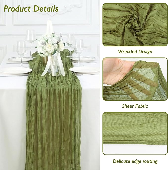 3 Pack Olive Green Cheesecloth Table Runner 120 Inch Boho Wedding Decor | - Image 3