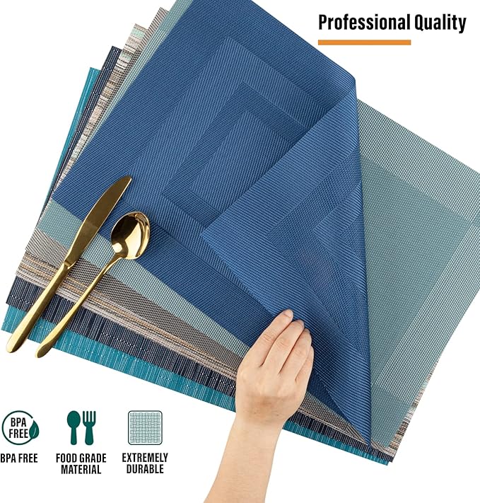 Winknowl Placemats Set of 6, Heat Resistant Non-Slip Vinyl Woven Table Mats for Dining Table, Washable Durable Elegant Place Mats for Kitchen Indoor/Outdoor Use (Teal Green)