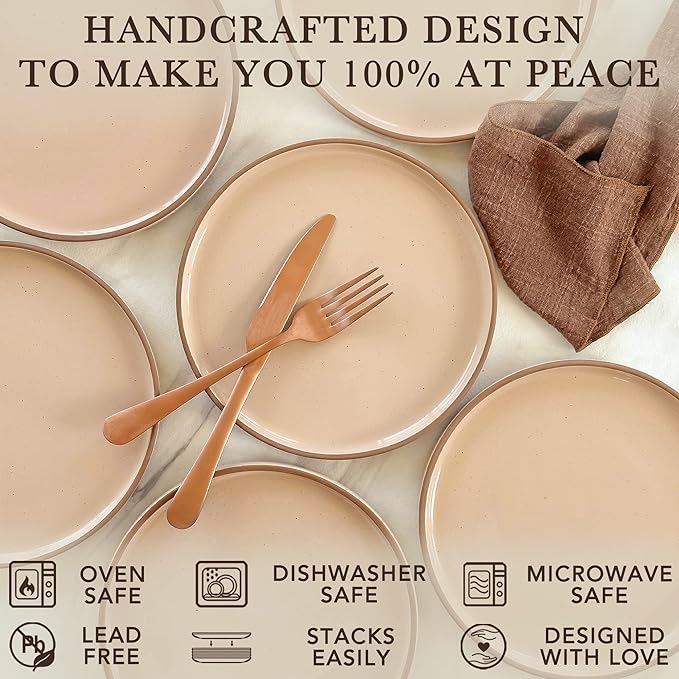 MORA Ceramic Flat Plates Set of 6-8 in - The Dessert, Salad, Appetizer, Small Lunch, etc Plate. Microwave, Oven, and Dishwasher Safe, Scratch Resistant. Kitchen Porcelain Dish - Chai