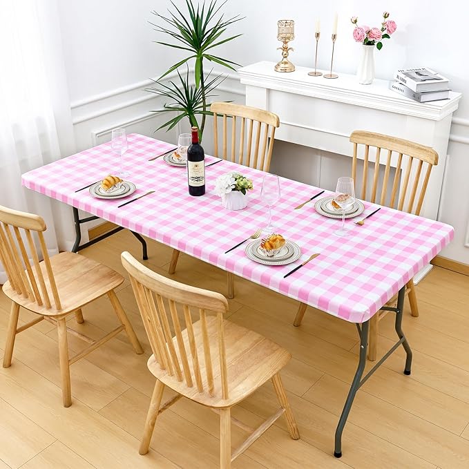 Smiry Rectangle Picnic Table Cloth, Elastic Waterproof Fitted Vinyl Tablecloths, Flannel Backed Buffalo Plaid Table Covers for Dining, Camping, Valentines(White and Pink, 24" x 48")