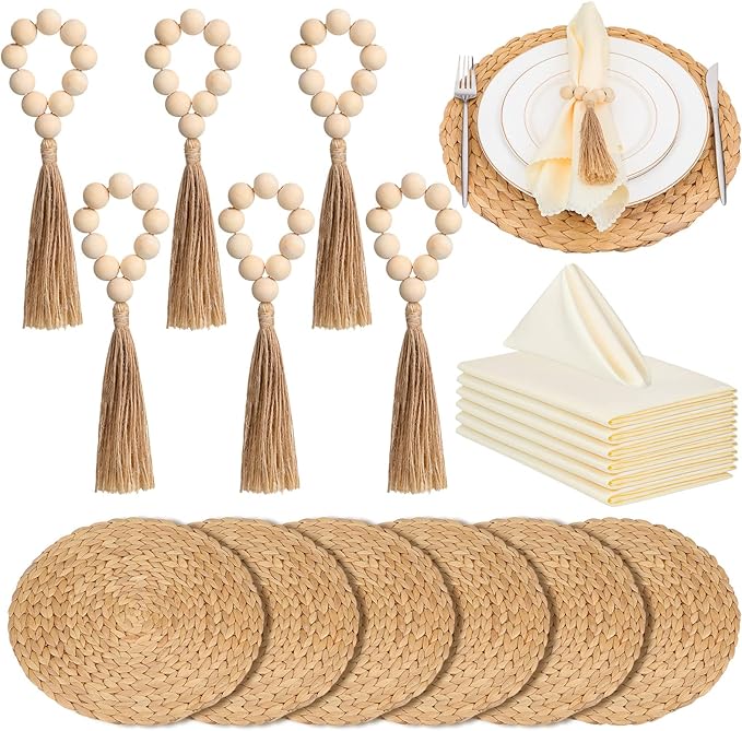 Gejoy 18 Pcs Boho Woven Placemats Wood Bead Napkin Rings with Dinner Napkins Cloth 13.8 Inch Round Water Hyacinth Placemat Farmhouse Rustic Table Chargers Wooden Dinner Ring for Wedding Thanksgiving