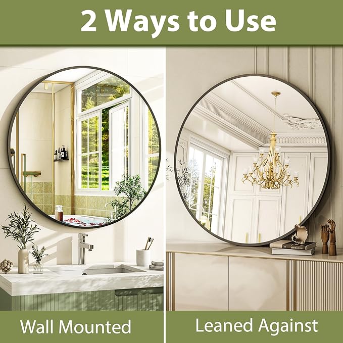 30 Inch Round Bathroom Mirror - Black Wall Mounted Circle Mirror with Metal Frame, Modern Round Hanging Mirror Suitable for Bathroom, Vanity, Entryway, Living Room
