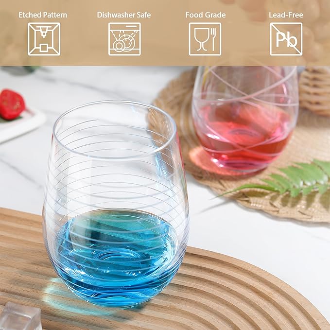 Joeyan Hand Blown Etched Stemless Wine Glasses with Strips Swirls Pattern for Red Wine,Large Carved Drinking Glass Cups Tumblers for Wedding Anniversary Party Home,Set of 2, 17.5 oz, Dishwasher Safe