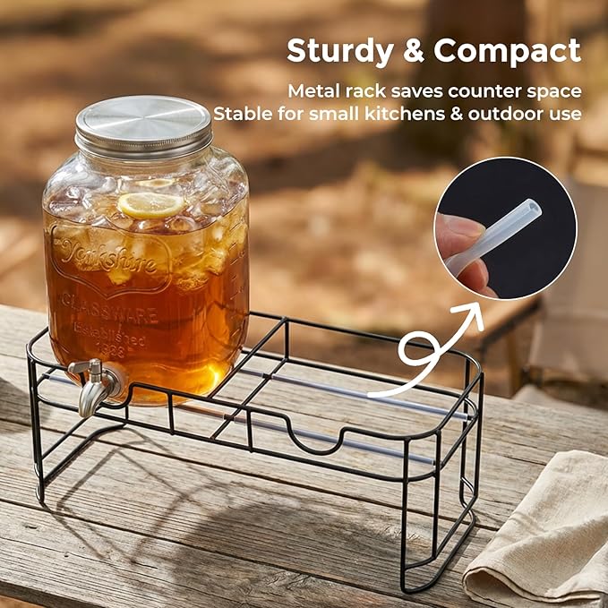 DD&HAPP 2 Gallon Glass Drinks For Parties With Stand.Stainless Steel Spigots & Metal Stand,Large Capacity Beverage Dispenser for Party,Infused Water,Iced Tea,Lemonade,Outdoor,Commercial Use.