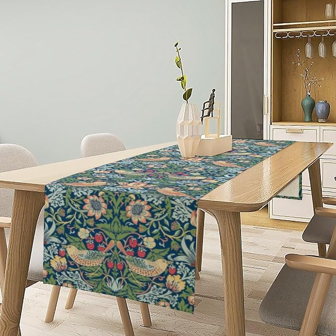 William Morris Floral Table Runner, Vintage Green Flowers Botanical Printed - Image 2