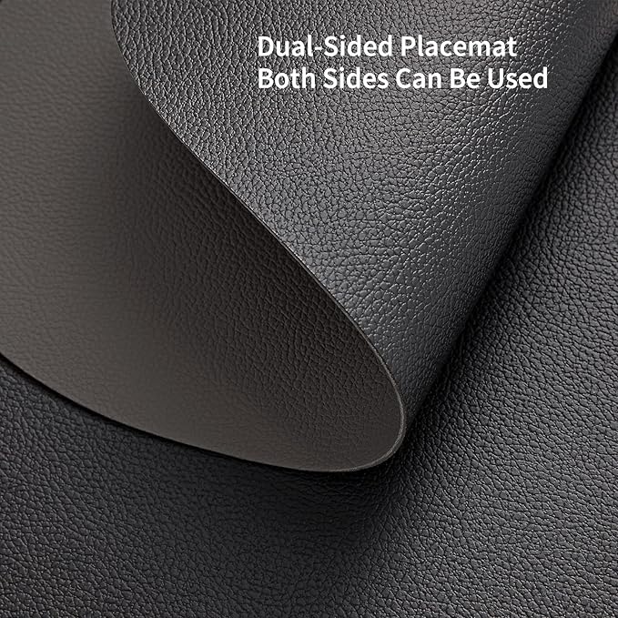 Myir JUN Round Placemats Set of 6 Faux Leather Place Mats and Coasters 15 inch Round Table Mats Dual Sided Non-Slip Stain Resistant Placemats (Gray & Black, Set of 6)