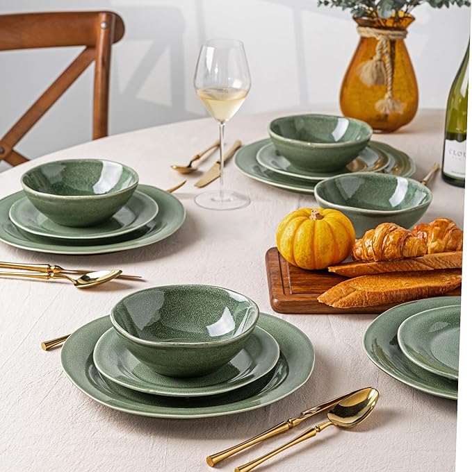 AmorArc Ceramic Dinnerware Sets, Handmade Stoneware Reactive Glaze Plates and Bowls Set, Scratch Resistant | Dishwasher & Microwave Safe Dishes Set, Service for 4 (12pc)