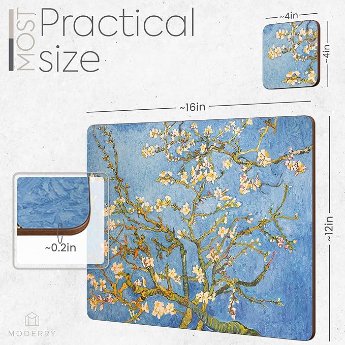 Set of 4 Heat Resistant Cork Placemats for Dining Table with Free Set of 4 Matching Drink Coasters Van Gough Blue Botanical Design 16 x 12 Inches Cork Backed Hard Placemats (Almond Blossoms)