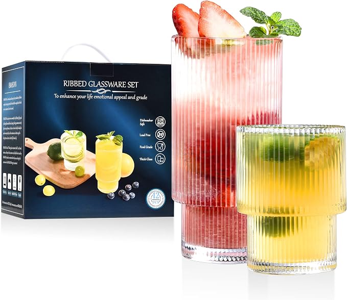ISMASOAN Small Ribbed Glassware Set of 12, Glass Cups Fluted 12 oz & 7 oz | by ISMASOAN
