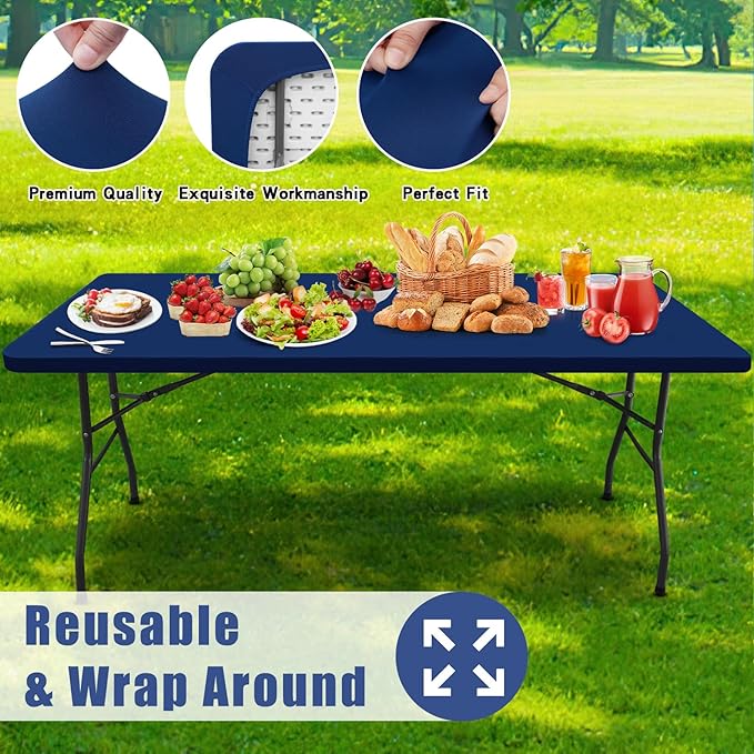 Spandex 6 Foot Rectangle Table Cloth 2 Pack, Elastic Fitted Tablecloths for Picnic, Stretch Washable Patio Table Cover for Outdoor, Camping, Banquet and Parties (Navy, 36"x72")