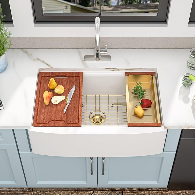 33"x21" White Farmhouse Sink Workstation - Curved Apron Front with Slide Ledge White Ceramic Porcelain Fireclay Single Bowl Luxury Farm Kitchen Sink Basin