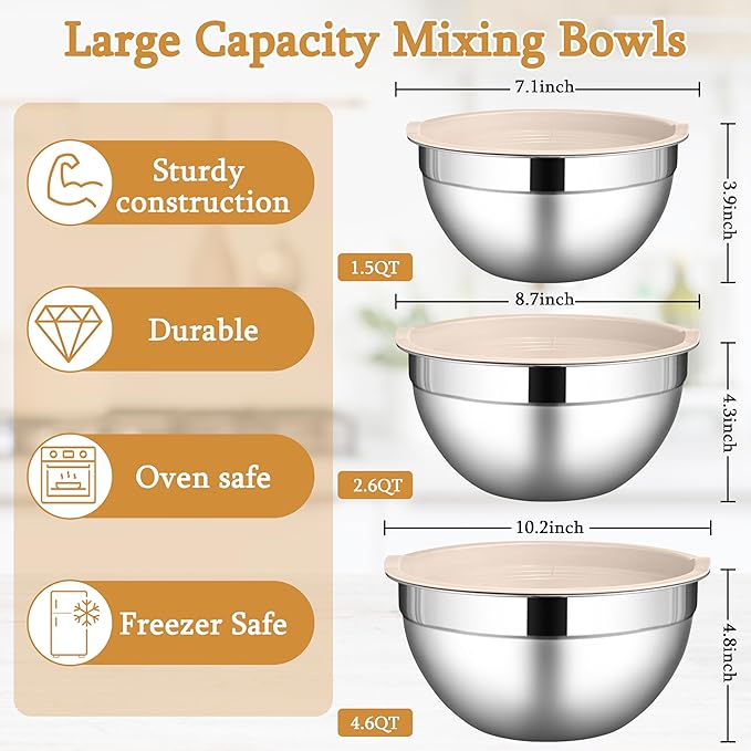 LIANYU Mixing Bowls with Airtight Lids Sets, 3 Packs Stainless Steel Metal Mixing Bowls, Ideal for Prepping, Cooking, Storage, Serving, Freezer & Dishwasher Safe, Khaki