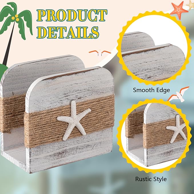 Natural Wooden Napkin Holder, Farmhouse Napkin Holders Upright Wooden Tissue Dispenser for Kitchen Dining Room Table Decor Indoor & Outdoor Use (Beach Style,White)