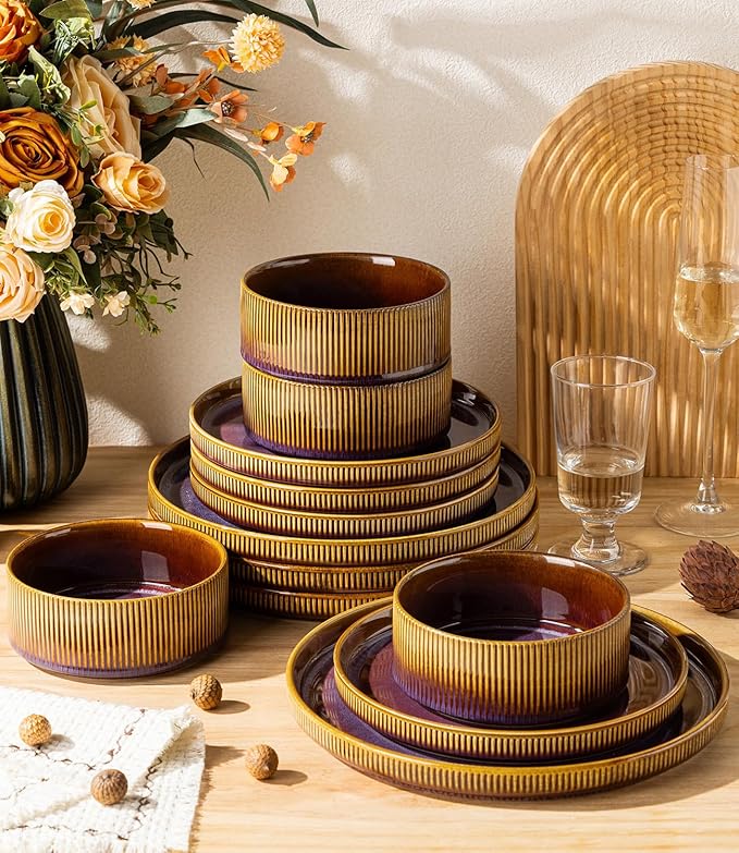 TheTerra Ceramic Dinnerware Sets for 6, 18 Pieces Porcelain Lightweight Plates and Bowls Sets, Scratch Resistant Dish Set, Oven & Microwave & Dishwasher Safe, Amber Amethyst