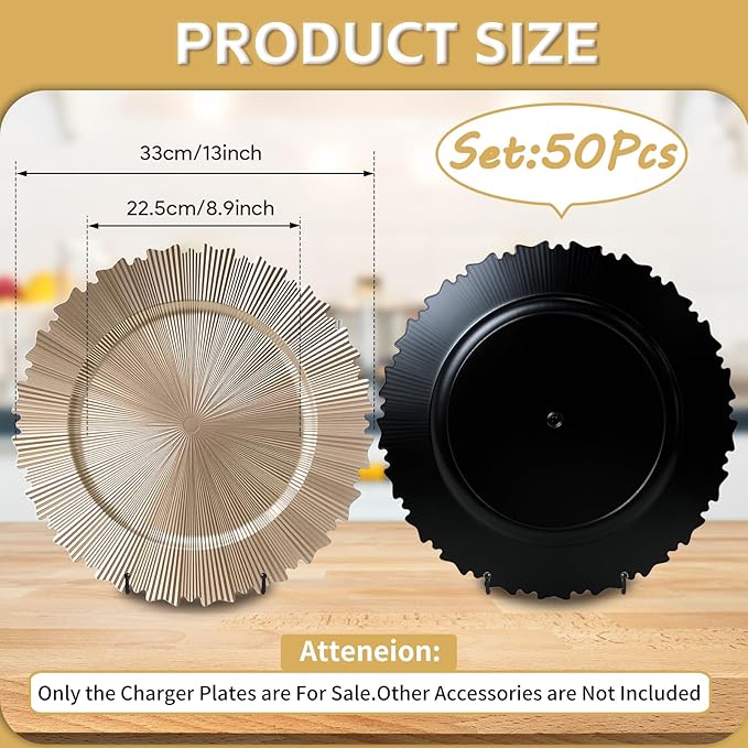 PROY 50 Pcs Champagne Gold Charger Plates, 13 Inch Elegant Fluted Edge Plastic Charger Plates, Round Gold Chargers Dinner Plate Wedding Decoration