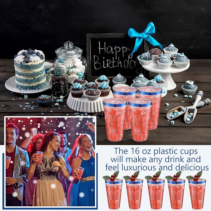 Patelai 100 Pcs 16oz Plastic Cups Disposable Rimmed Cups Heavy Duty Drinking Wine Glasses for Christmas Winter Birthday Beer Taste Serving Snack Sample Tastings Barbecues Picnic(Blue)