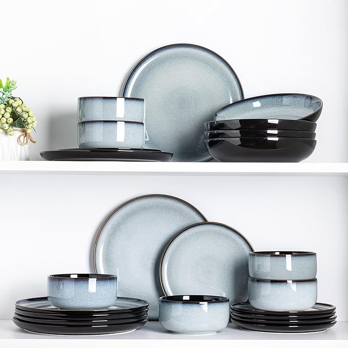 LERATIO Ceramic Dinner Plates Set of 6, 10.5 Inch Reactive Glaze Porcelain Plates, Modern Shape Dinnerware Dishes Set for Kitchen,Microwave&Dishwasher&Oven Safe, Scratch Resistant-Gray Blue
