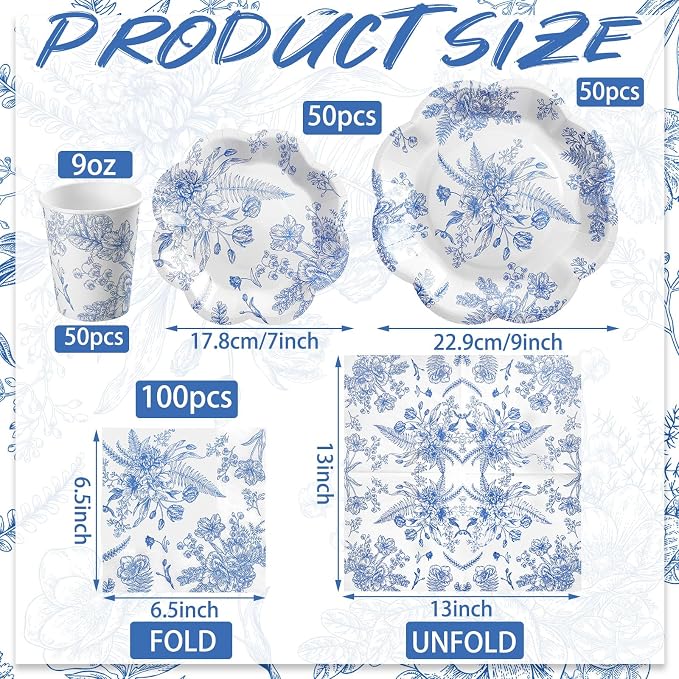 250 Pcs Blue Floral Disposable Paper Plate Napkins | Disposable Tableware - Image 2