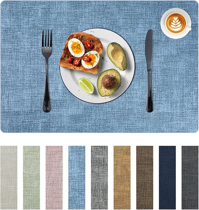 Placemats Set of 6 Faux Leather Heat Resistant Tables Mats Waterproof Oilproof Wipeable Reversible Anti-Slip Place Mats for Kitchen/Dining/Party/Outdoor 11.8" x 16.9", Light Blue
