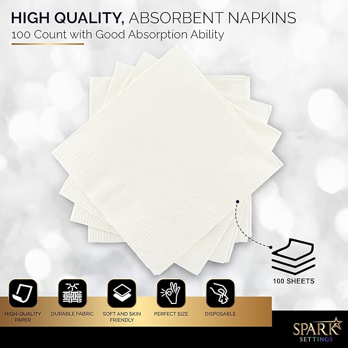 100 Pack White Beverage Napkins, Big Party Pack, 2 Ply, Ideal for Wedding, Party, Birthday, Dinner, Lunch, Cocktails. (5” x 5”) by Amcrate