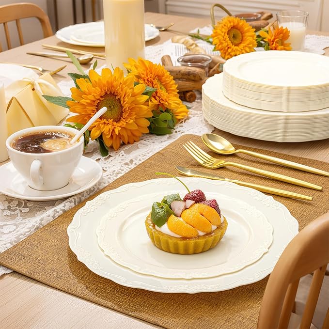 U-QE 100 Pieces Ivory Plastic Plates for Party - Ivory Disposable Plastic Plates - Heavy Duty Disposable Platos Including 50 Dinner 10 '' & 50 Dessert 7.5 '' for Valentine's Day