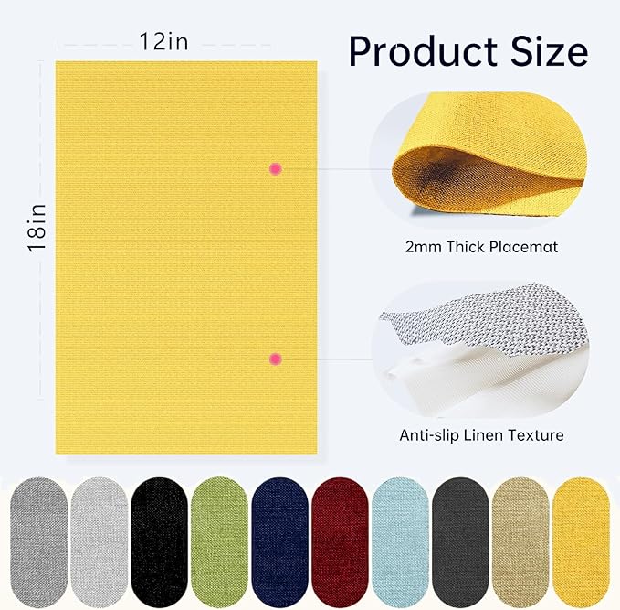 Blue Forest Placemats Set of 6, Dual-Layered Thickened Faux Linen Table Mats Heat Resistant Machine Washable Wrinkle Free Place Mats for Kitchen Dining Outdoor/Indoor (Bright Yellow)