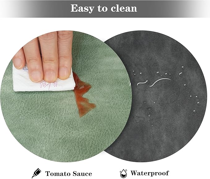 Round Placemats and Coasters Set of 6, Washable Reversible Faux Leather Placemats Cowhide Pattern Place Mats Wipeable Non-Slip 15 inch Round Kitchen Dining Table Mats (Gray Green, 6)