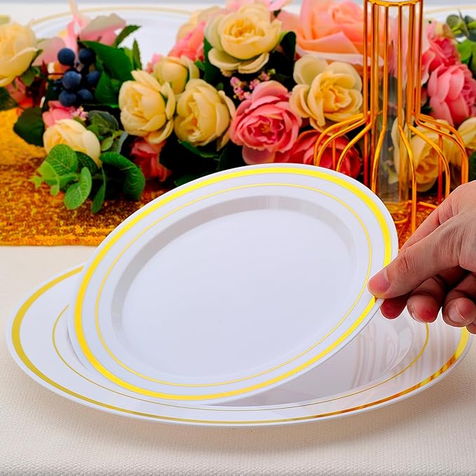 50 PCS Gold and White Plastic Plates for 50 Guests,10.25inch Gold Rimmed White Disposable Plastic Plates for Wedding,Party,Birthday,Smooth Edge & Heavy Duty Dinner Plate