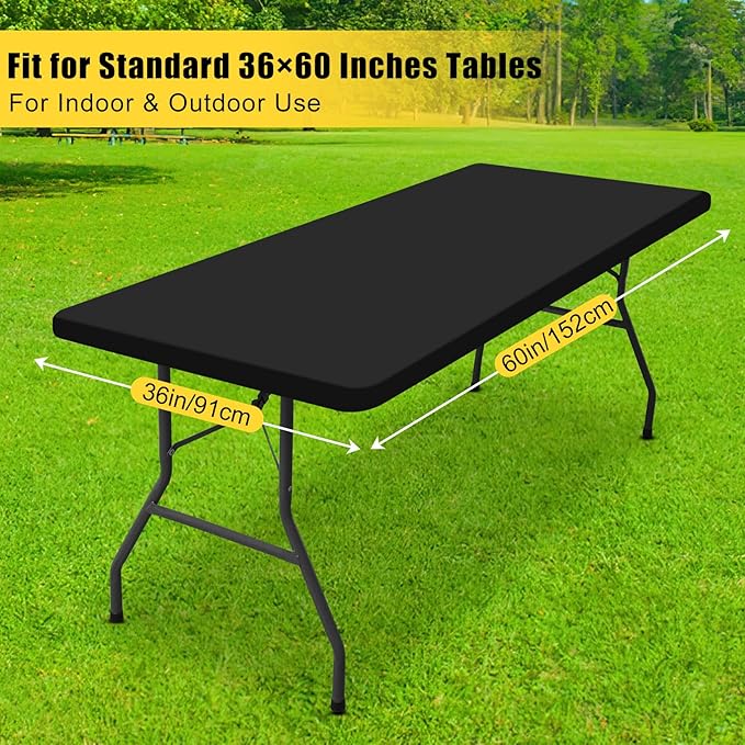 Smiry Rectangle Tablecloth, Elastic Fitted Flannel Backed Vinyl Tablecloths for 5ft Folding Tables, Waterproof Wipeable Table Covers for Indoor, Outdoor, Picnic and Camping (Black, 36"x60")