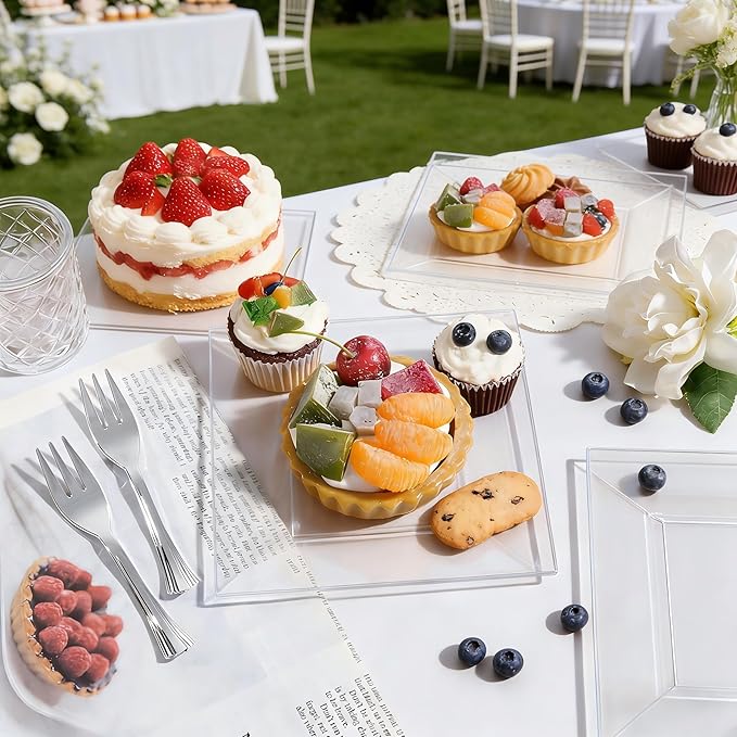 supernal 200pcs Clear Dessert Plates with Silver Dessert Fork, Clear Square Plates, Appetizer Plates,Silver Plastic Silverware, Perfect Choice for Wedding and Party