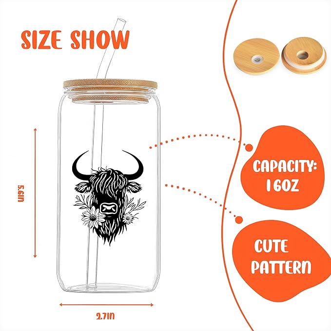 Cute Highland Cow Glass Cup With Lids And Straws, Highland Cow Gift For Women, Iced, Coffee, Smoothie, Cocktail, Beer, Whiskey, Soda, Matcha,16 Oz, Home Office Table Desk Decoration!