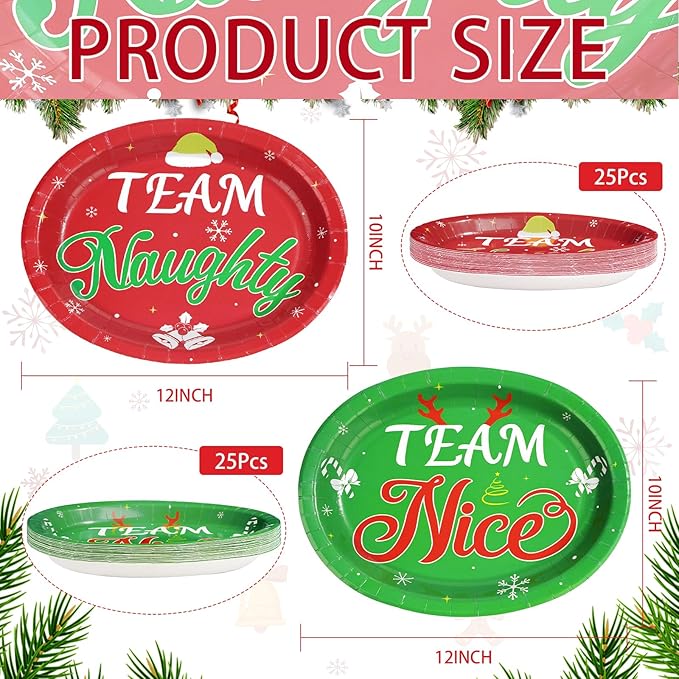 50Pcs Christmas Oval Paper Plates Team Naughty Team Nice Party Decorations 10" x 12" Large Disposable Heavy Duty 400GSM Red and Green Christmas Dinner Plates for Xmas Holiday Cocktail Party Supplies