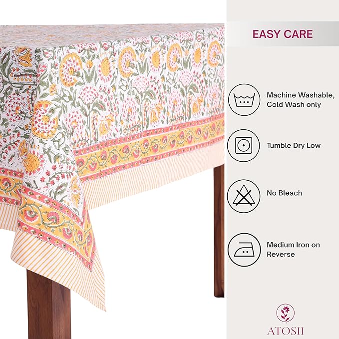 ATOSII Clover Yellow 100% Cotton Rectangle Fall Tablecloth, Handblock Floral Print Linen Table Cloth for Kitchen Dining I Parties, Outdoors, Christmas, Thanksgiving I 72 X 120 Inches I 10 Seater