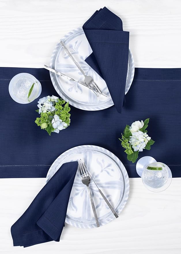 Solino Home 100% Pure Linen Dining Table Runner Navy Hemstitch, 14 x 108 in | - Image 3
