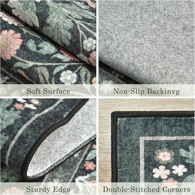 Dark Green Floral 8x10 Area Rugs for Living Room Large Washable Rug Vintage Forest Low Pile Non Slip Stain Resistance Soft Carpet for Dining Room, Bedroom, Kids Room, Nursery Room, Playroom