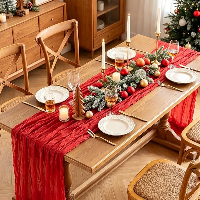 3Pcs Red Table Runner, 10FT Rustic Gauze Red Table Runner 35*120inch Boho Table - Image 3